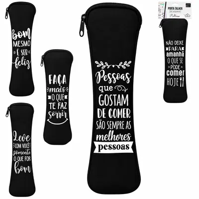 PORTA TALHER ESTOJO COM ZIPER NEOPRENE PRETO FRASES 24X7CM