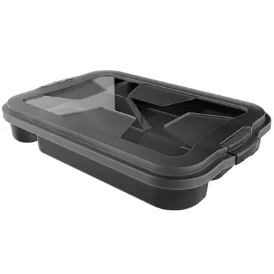 PORTA TALHER DE GAVETA DE PLASTICO PRETO COM 5 DIVISORIAS + TAMPA E TRAVA 35,5X24,5X5,5CM