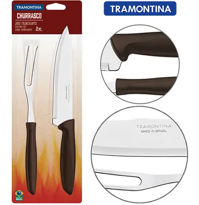 CONJUNTO DE FACA DE CHURRASCO 7'' + GARFO DE INOX CABO PLASTICO PRETO CHURRASCO