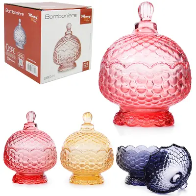 BOMBONIERE DE VIDRO COM PE E TAMPA ESCAMAS TRANSCOLOR 280ML 15X11CM DE Ø NA CAIXA