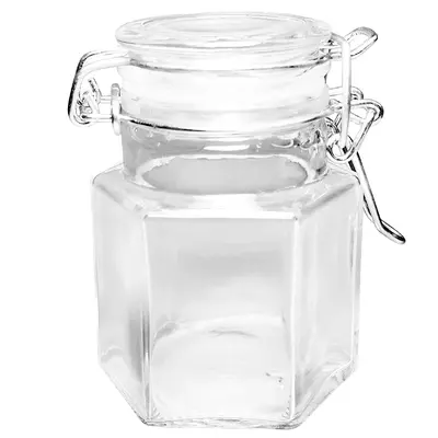 POTE DE VIDRO SEXTAVADO COM TAMPA HERMETICA DE VIDRO E FECHO 100ML