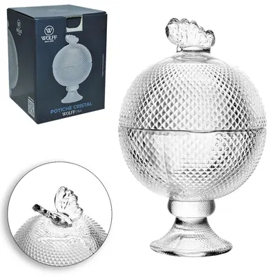 BOMBONIERE DE VIDRO CRISTAL COM PE E TAMPA BORBOLETA WOLFF