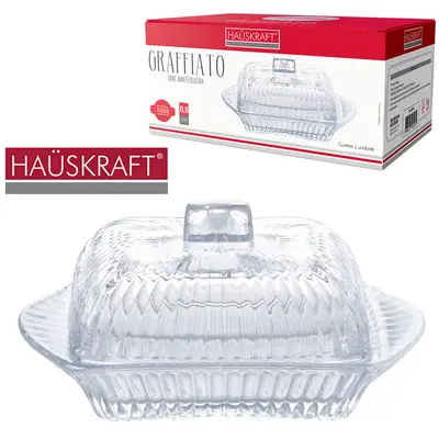 MINI MANTEIGUEIRA DE VIDRO RETANGULAR GRAFFIATO HAUSKRAFT COM TAMPA 50ML 11,5X7X5,5CM