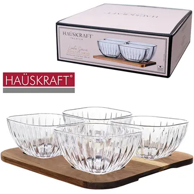 CONJUNTO DE PETISQUEIRA DE VIDRO CRISTAL COM 4 PECAS + BASE BANDEJA DE MADEIRA LINHA SERVIR MONTECARLO PREMIUM