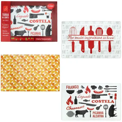 TABUA DE CORTE DE VIDRO MULTIUSO RETANGULAR ESTAMPAS SORTIDAS 38X28CM