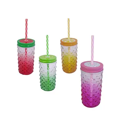 COPO COM TAMPA E CANUDO DE VIDRO/METAL DEGRADE COLORS 400ML