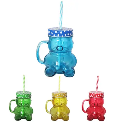 CANECA COM TAMPA E CANUDO DE VIDRO / METAL URSO POA COLORS 450ML