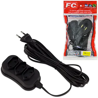 EXTENSAO PRETA 10M COM 3 TOMADAS BIPOLAR BIVOLT NEW CABO PARALELO