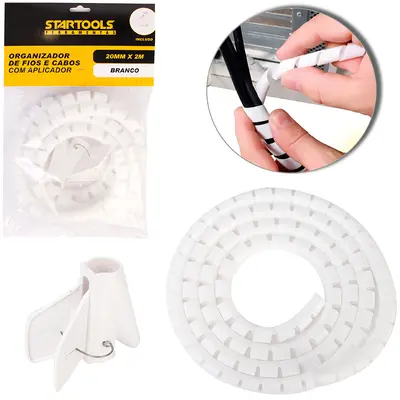 ORGANIZADOR DE FIOS / CABOS DE PLASTICO AJUSTAVEL COM APLICADOR BRANCO 20MMX2M