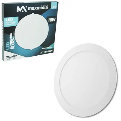 LUMINARIA PAINEL REDONDO EMBUTIR LED 18W 6500K BRANCA FRIA BIVOLT MAXMIDIA 22,3CM DE Ø