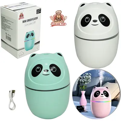 UMIDIFICADOR PARA AMBIENTES PANDA COM LUZ + CABO USB 180ML 10X6CM