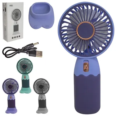 MINI VENTILADOR DE MAO / MESA PORTATIL RECARREGAVEL 5V COM 1 VELOCIDADE + BASE SUPORTE CELULAR E CABO USB 16,5X8X6CM