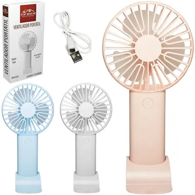 MINI VENTILADOR DE MAO / MESA PORTATIL RECARREGAVEL 5V 3 VELOCIDADES + BASE SUPORTE CELULAR E CABO USB 18X9X3CM
