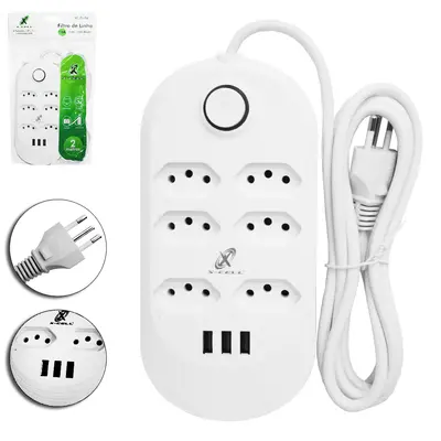 EXTENSAO FILTRO LINHA BRANCO 2M COM 6 TOMADAS TRIPOLAR + 3 (ENTRADAS) SAIDAS USB 10A BIVOLT X-CELL CABO PP