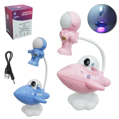 LUMINARIA DE MESA FLEXIVEL RECARREGAVEL 6 LEDS + BASE FOGUETE E ASTRONAUTA E CABO USB