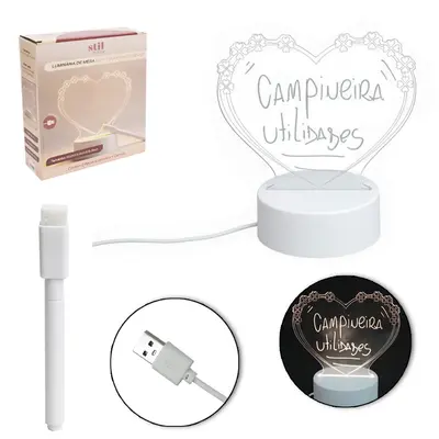 LOUSA LUMINARIA USB DE MESA DE ACRILICO CORACAO COM CANETA E BASE DE PLASTICO STIL DECOR 15,5X15X9,8CM