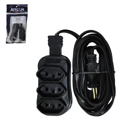 EXTENSAO PRETA 3M COM 3 TOMADAS TRIPOLAR BIVOLT 2200W CABO PP