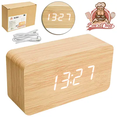 RELOGIO DE MESA / DESPERTADOR DIGITAL TIPO BAMBU COM TERMOMETRO A PILHA / USB 12X6,5CM