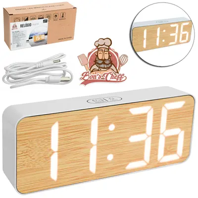 RELOGIO DE MESA / DESPERTADOR DIGITAL TIPO BAMBU COM TERMOMETRO + CALENDARIO A PILHA / USB 14X5,5CM