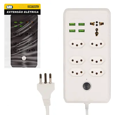 EXTENSAO FILTRO LINHA BRANCO / PRETO 2M COM 6 TOMADAS + 1 UNIVERSAL TRIPOLAR E 4 SAIDAS USB BIVOLT CABO PP