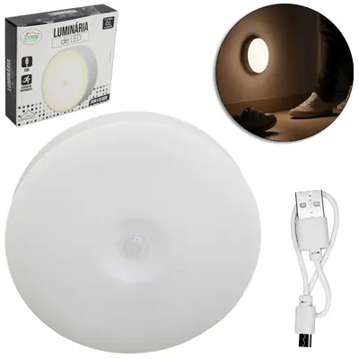 LUMINARIA REDONDA RECARREGAVEL 8 LEDS COM SENSOR + IMA AUTOADESIVO E CABO USB 8,5CM DE Ø