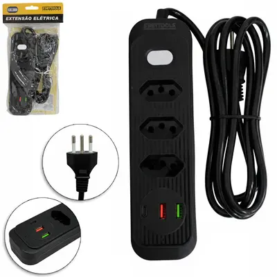 EXTENSAO FILTRO LINHA BRANCO / PRETO 2M COM 3 TOMADAS TRIPOLAR + 2 SAIDAS USB E 1 TIPO C BIVOLT CABO PP
