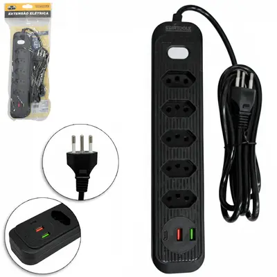 EXTENSAO FILTRO LINHA BRANCO / PRETO 2M COM 5 TOMADAS TRIPOLAR + 2 SAIDAS USB E 1 TIPO C BIVOLT CABO PP