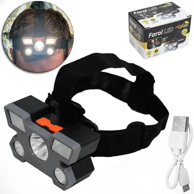 LANTERNA DE CABECA RECARREGAVEL PREMIUM TOP CASA COM 9 LEDS + ALCA ELASTICA E CABO USB