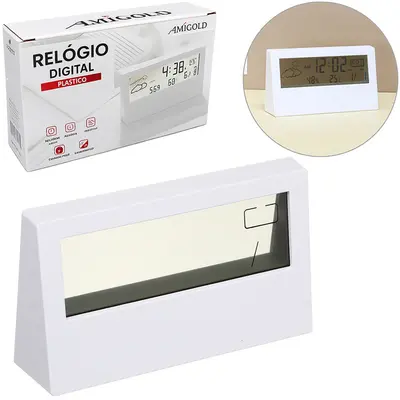 RELOGIO DE MESA / DESPERTADOR DIGITAL RETANGULAR COM TERMOMETRO + CALENDARIO A BATERIA 13,2X7,3X3CM