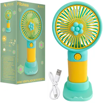 MINI VENTILADOR DE MAO / MESA PORTATIL FLORES RECARREGAVEL 5V 3 VELOCIDADES + BASE SUPORTE CELULAR E CABO USB