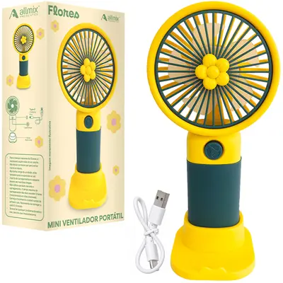 MINI VENTILADOR DE MAO / MESA PORTATIL FLORES RECARREGAVEL 5V 3 VELOCIDADES + BASE SUPORTE CELULAR E CABO USB