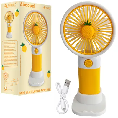MINI VENTILADOR DE MAO / MESA PORTATIL ABACAXI RECARREGAVEL 5V 3 VELOCIDADES + BASE SUPORTE CELULAR E CABO USB