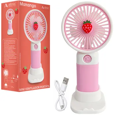 MINI VENTILADOR DE MAO / MESA PORTATIL MORANGO RECARREGAVEL 5V 3 VELOCIDADES + BASE SUPORTE CELULAR E CABO USB