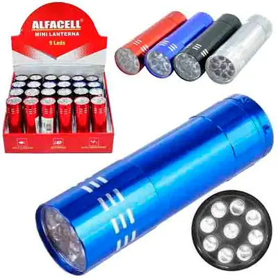 LANTERNA MINI DE ALUMINIO 9 LEDS COLORS A PILHA