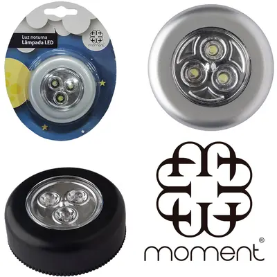 LUMINARIA DE TOQUE REDONDA AUTOADESIVA COM 3 LEDS A PILHA 6,6CM DE Ø NA CARTELA