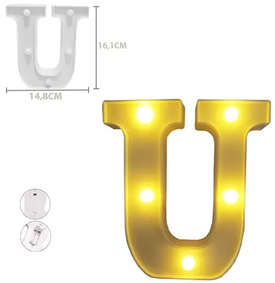 ENFEITE LUMINOSO COM 5 LEDS LETRA U DE PLASTICO 16,1X14,8CM A PILHA