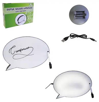 PORTA RECADO / PAINEL DECORATIVO LUMINOSO DE PLASTICO COM CANETA 21X14,5CM A PILHA / USB