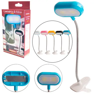 LUMINARIA DE MESA FLEXIVEL A PILHA COM 2 LEDS COBS + BASE PRESILHA DE PLASTICO