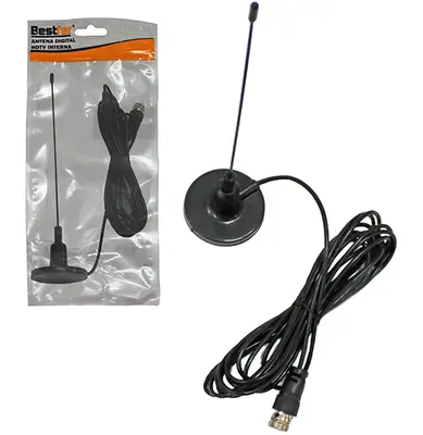 ANTENA DIGITAL INTERNA / EXTERNA HDTV/VHF/UHF/FM COM BASE IMANTADA E CABO 1,5M