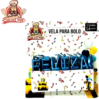VELA DE ANIVERSARIO FELIZ ANIVERSARIO AZUL COM 16 PECAS 7,5CM BONS CHEFF