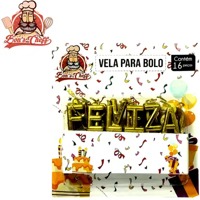 VELA DE ANIVERSARIO FELIZ ANIVERSARIO DOURADA COM 16 PECAS 7,5CM BONS CHEFF