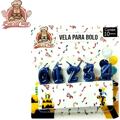 VELA DE ANIVERSARIO NUMEROS AZUL COM 10 PECAS 7,5CM BONS CHEFF