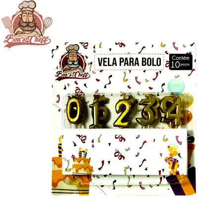 VELA DE ANIVERSARIO NUMEROS DOURADA COM 10 PECAS 7,5CM BONS CHEFF