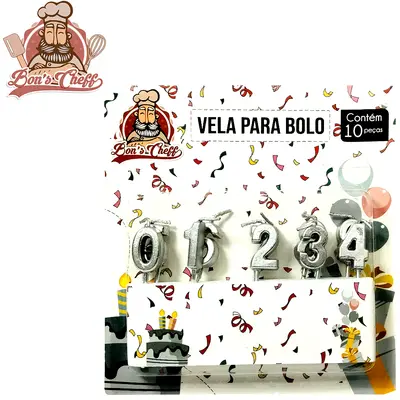 VELA DE ANIVERSARIO NUMEROS PRATA COM 10 PECAS 7,5CM BONS CHEFF
