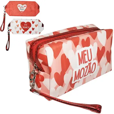 NECESSAIRE DE PVC RETANGULAR FEMININA CORACAO COM ALCA E ZIPER 18X10X7CM