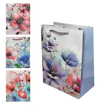 BOLSA SACOLA DE PAPEL PARA PRESENTE LUXO FLORES COM GLITTER 23X18X10CM