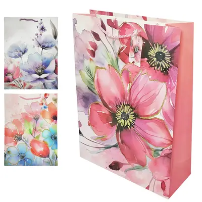 BOLSA SACOLA DE PAPEL PARA PRESENTE LUXO FLORES COM GLITTER 42X31X12CM