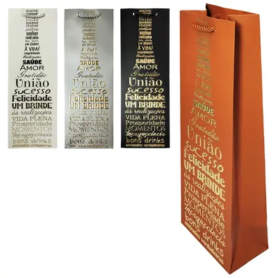 BOLSA SACOLA DE PAPEL PARA GARRAFA DE VINHO LUXO PALAVRAS 36X12X9CM
