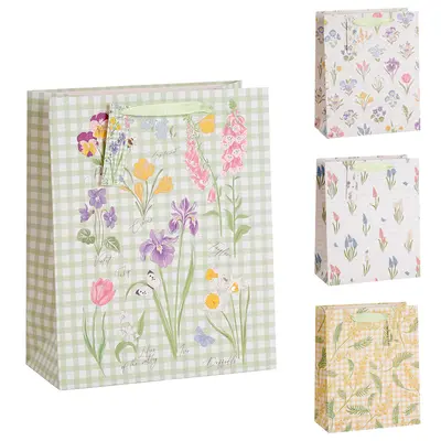 BOLSA SACOLA DE PAPEL PARA PRESENTE FLORES COM GLITTER 23X18X10CM
