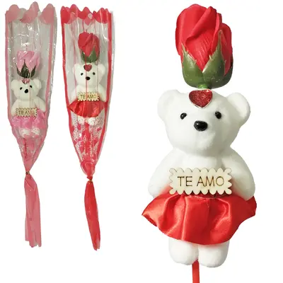 FLOR PERMANENTE BOTAO DE ROSA COM URSO 40CM